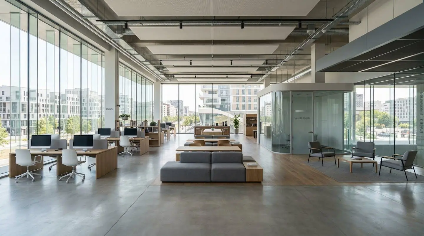 Vue en angle large d'un espace de travail professionnel contemporain lumineux avec grandes baies vitrées et mobilier épuré, sans présence humaine au premier plan