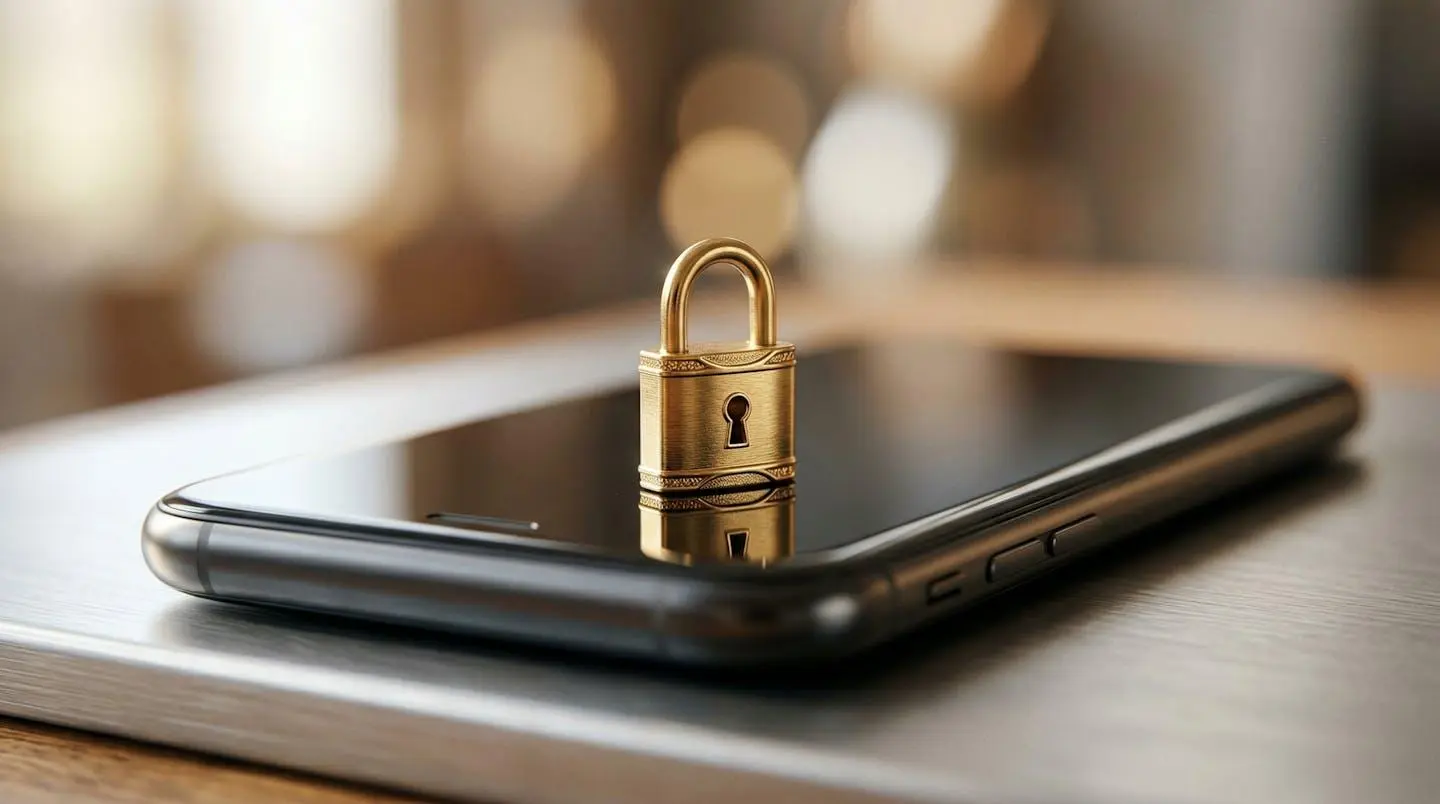 Gros plan macro d'une icône de cadenas doré sur une surface tactile de smartphone moderne avec texture nette au premier plan