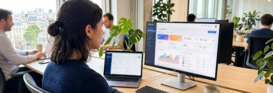 Un professionnel de dos devant un écran d'ordinateur affichant un tableau de bord sécurisé avec des icônes de validation dans un bureau contemporain lumineux