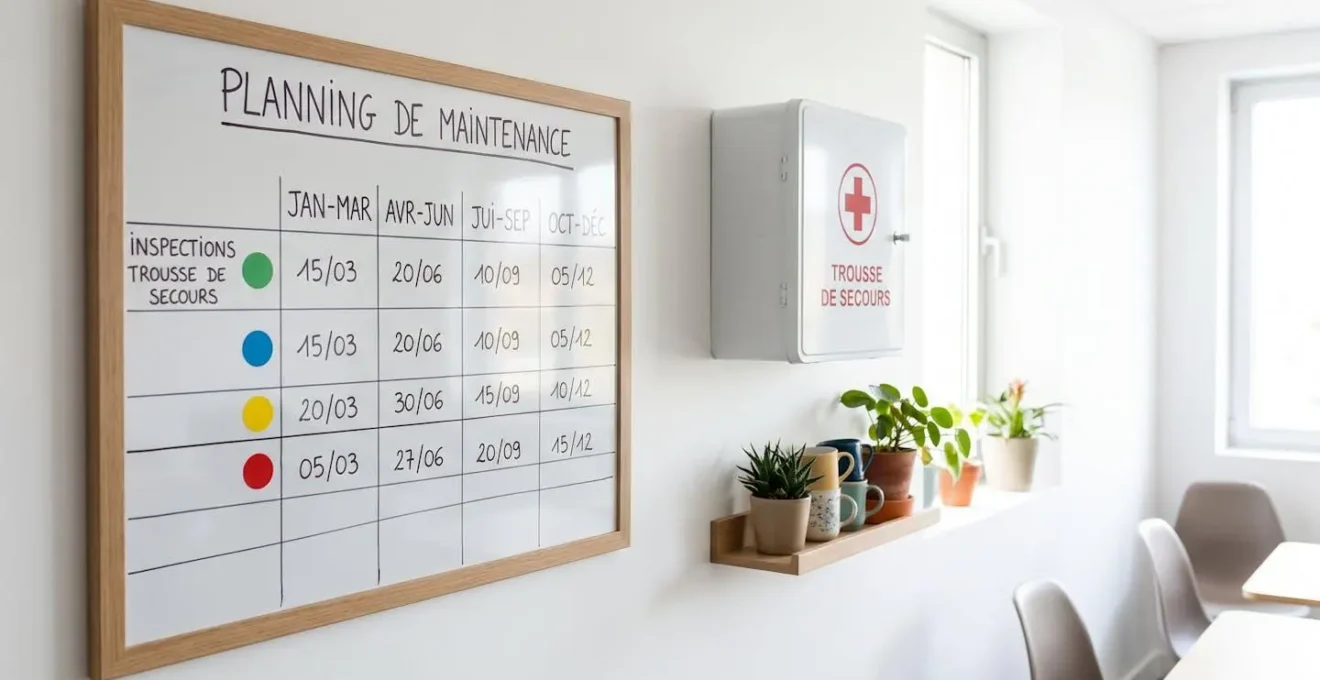 Un planning mural de maintenance affiché dans une salle de pause d'entreprise avec des rappels trimestriels colorés pour les vérifications de trousse de secours