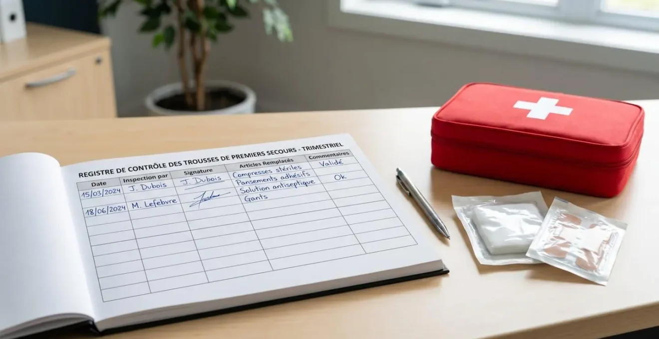 Un registre de traçabilité ouvert sur un bureau montrant les contrôles trimestriels de trousse de secours avec dates, signatures et éléments remplacés
