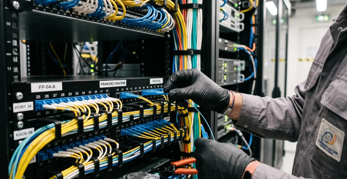 Mains d'un technicien réseau connectant des câbles de fibre optique dans un panneau de brassage d'un datacenter