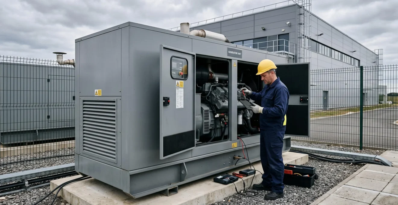 Technicien effectuant un contrôle de maintenance sur un groupe électrogène de secours à l'extérieur d'un datacenter