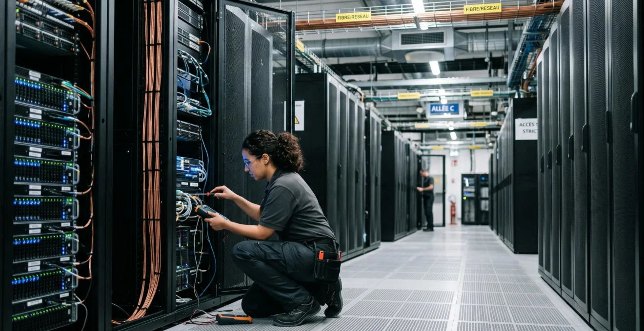 Technicien datacenter effectuant une maintenance sur des racks de serveurs dans une allée froide d'un centre de données moderne