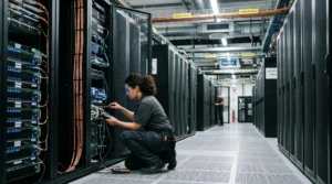 Technicien datacenter effectuant une maintenance sur des racks de serveurs dans une allée froide d'un centre de données moderne