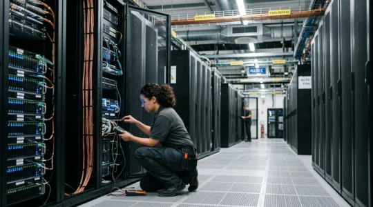 Technicien datacenter effectuant une maintenance sur des racks de serveurs dans une allée froide d'un centre de données moderne