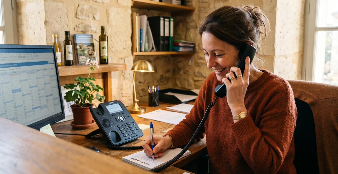 Une employée répond au téléphone IP à la réception d'un bureau.