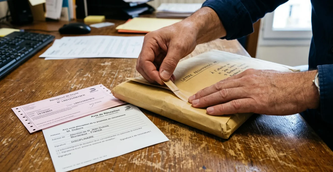 Des mains scellent une enveloppe contenant une lettre disciplinaire imprimée sur un bureau en bois.