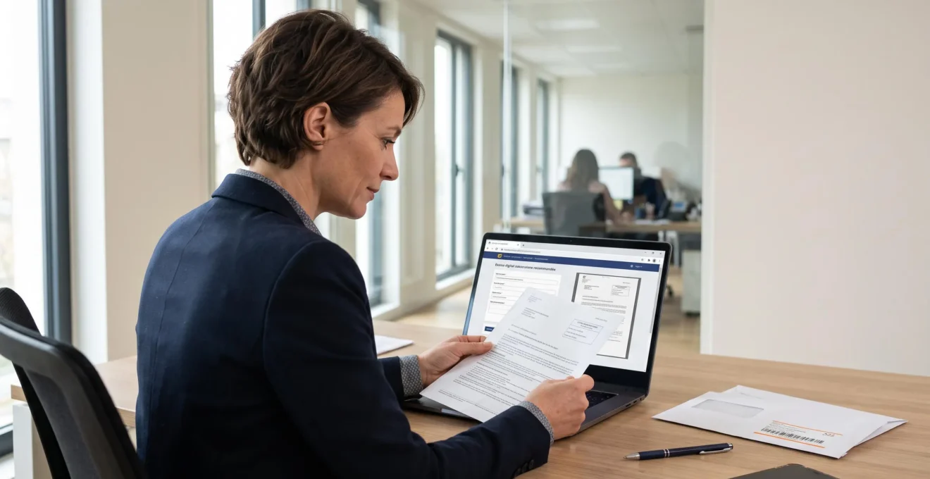 Une professionnelle des ressources humaines consulte une interface de lettre recommandée électronique sur son ordinateur portable dans un bureau d'entreprise.