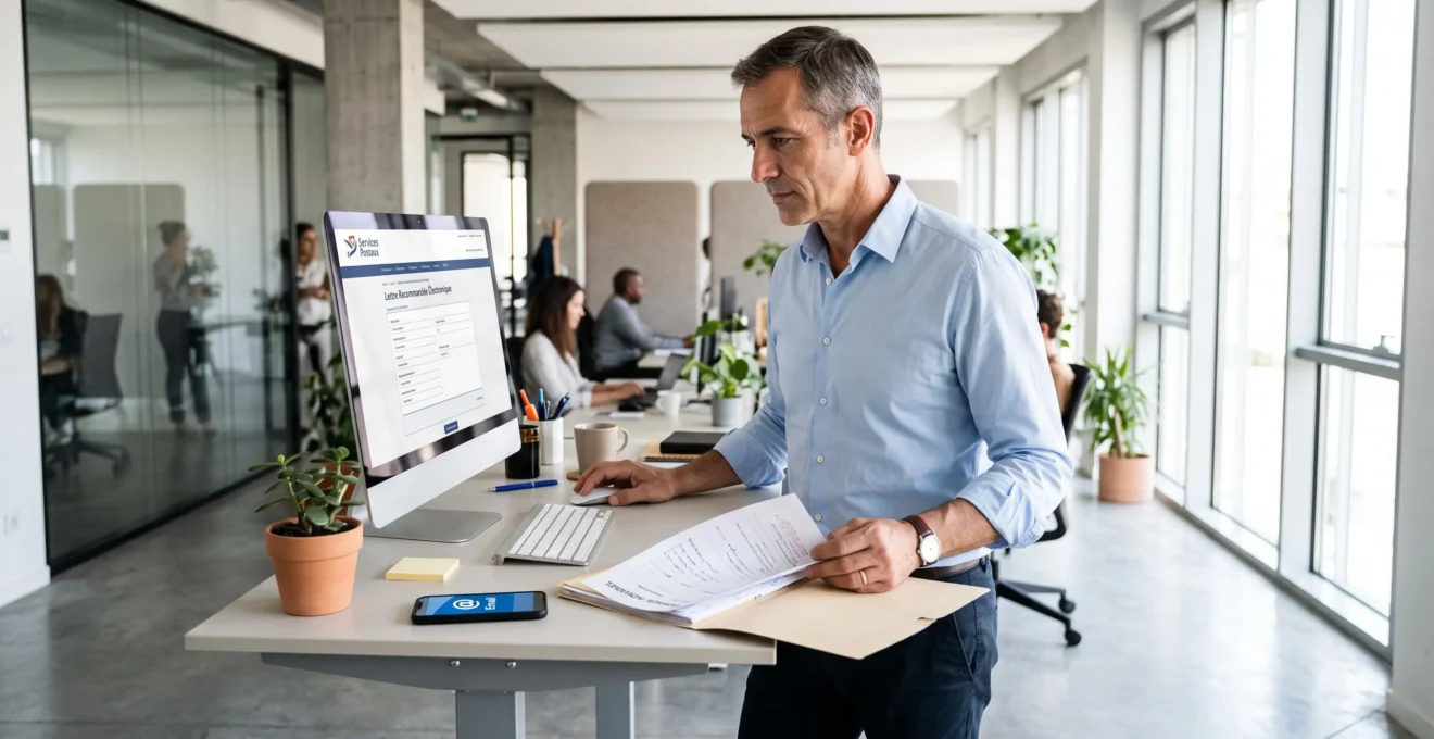 Un responsable des ressources humaines envoie une lettre recommandée électronique depuis son poste de travail debout dans un bureau moderne.